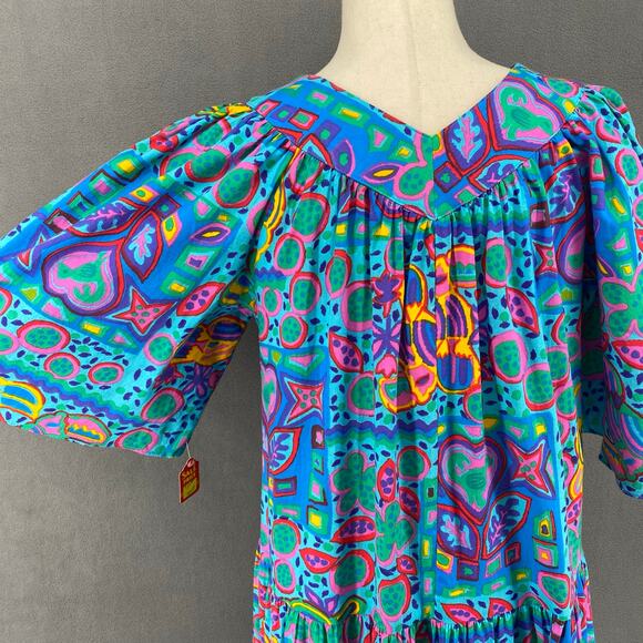 Vtg 80s 90s Two Potato Laguna Beach Artsy Midi Tiered Muumuu Dress XS Cotton NOS - Picture 6 of 16